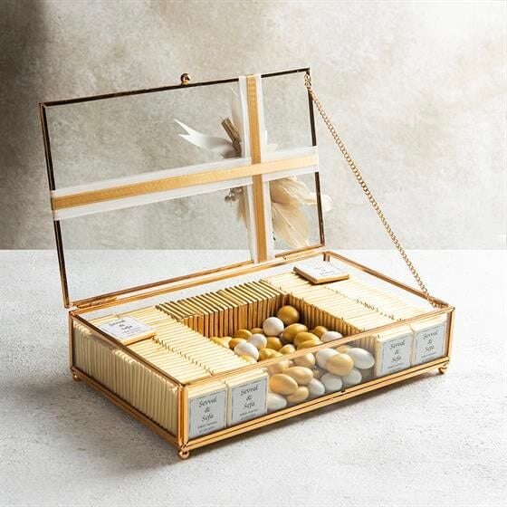 Söz-Nişan-Kız İsteme Çikolatası Cam Kutu Altın Sarısı